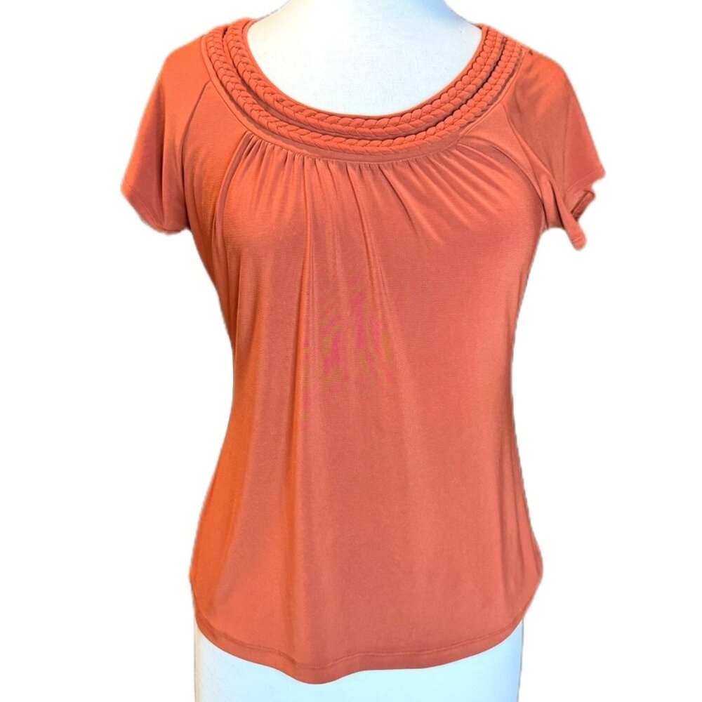 Suzi in the City Orang Blouse Flowy Short Sleeve Top Ruching Round Neck Small